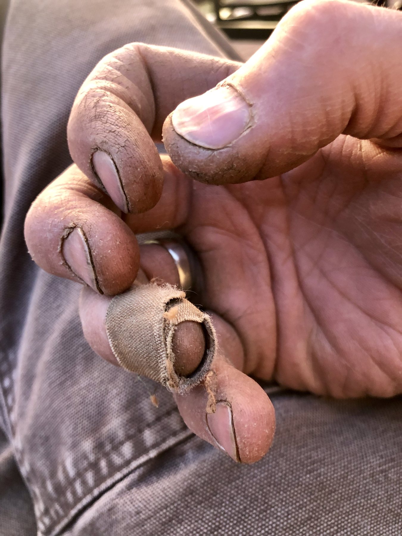 A work-worn hand representing hands-on work